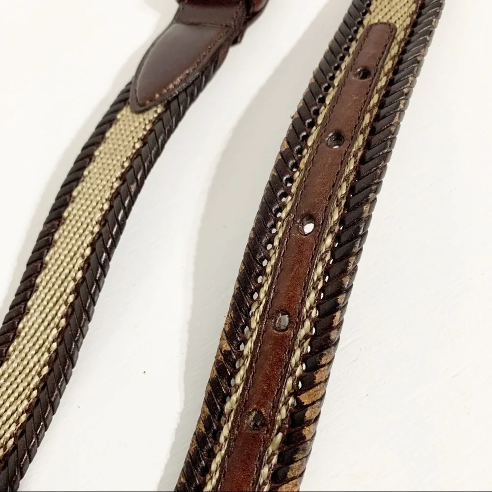 Ace Leather Belt Woven Sides Webbing Center Silver Toned Hardware Square Buckle